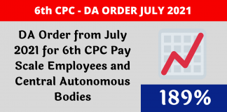 DA Order from July 2021 for 6th CPC Pay Scale