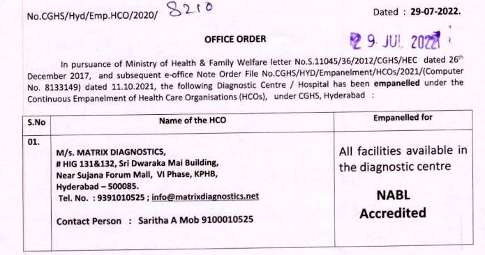 Matrix Diagnsotics under CGHS Hyderabad